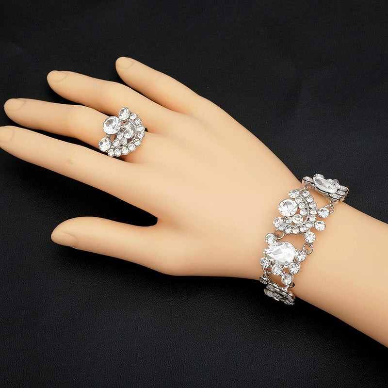 CSY 4 Pcs/Sets Elegant Crystal Necklace Earrings Bracelet Ring Bridal Wedding Costume Jewelry Sets for Brides Women Gifts (White Gold Plated-White) - Image 5